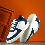 Men Solid Lace-Up Sneakers in white and blue with a sleek design and clean white sole, perfect for casual wear.
