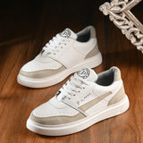White & Beige Lace-Up Platform Heel Sneakers