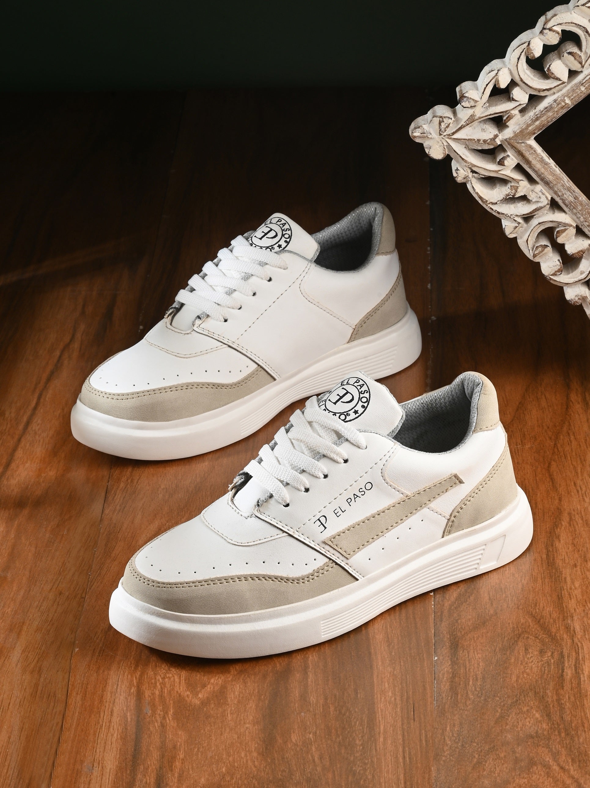 White & Beige Lace-Up Platform Heel Sneakers
