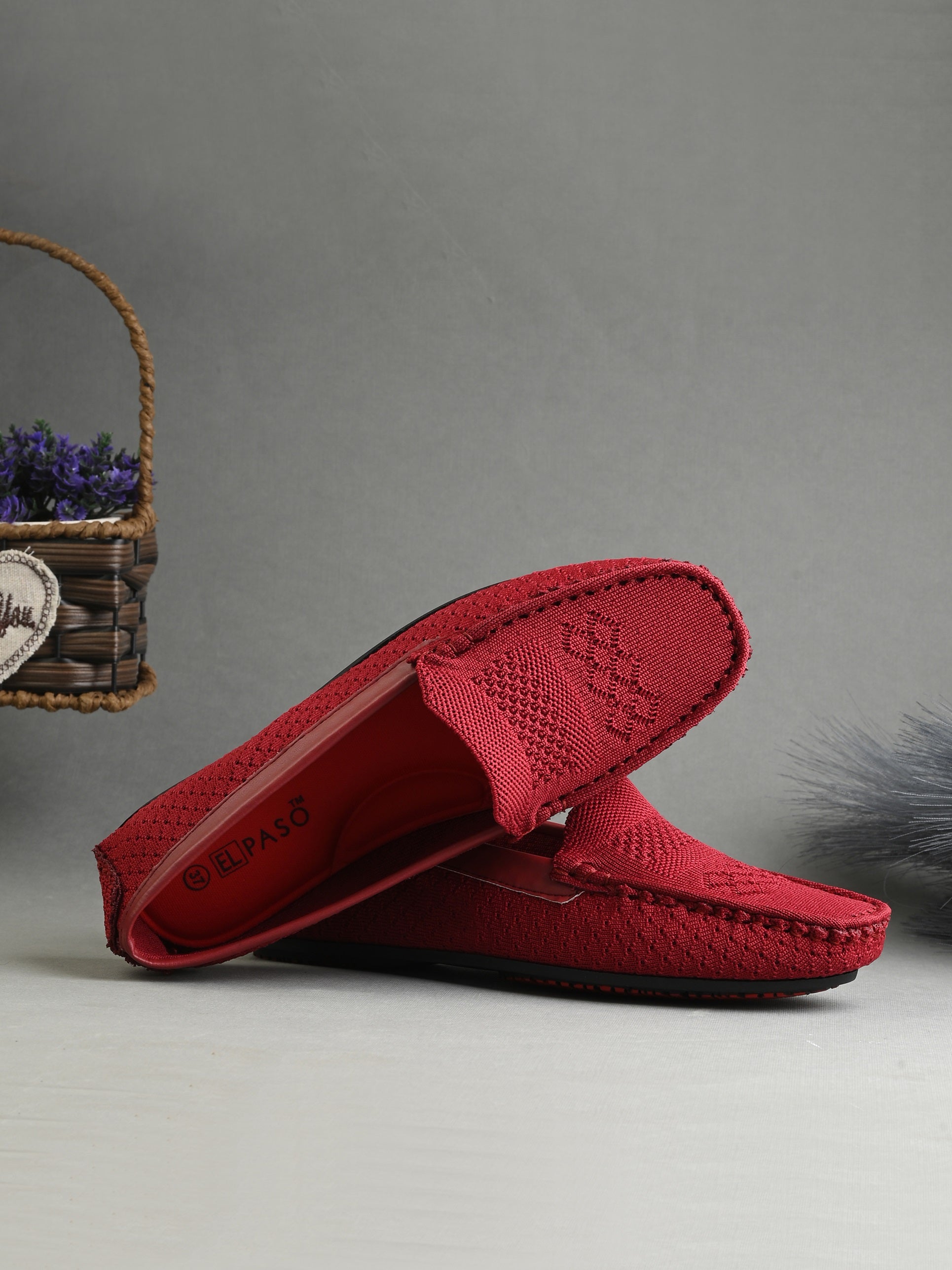 Stylish maroon Leather Casual Slip On woven loafer with textured design