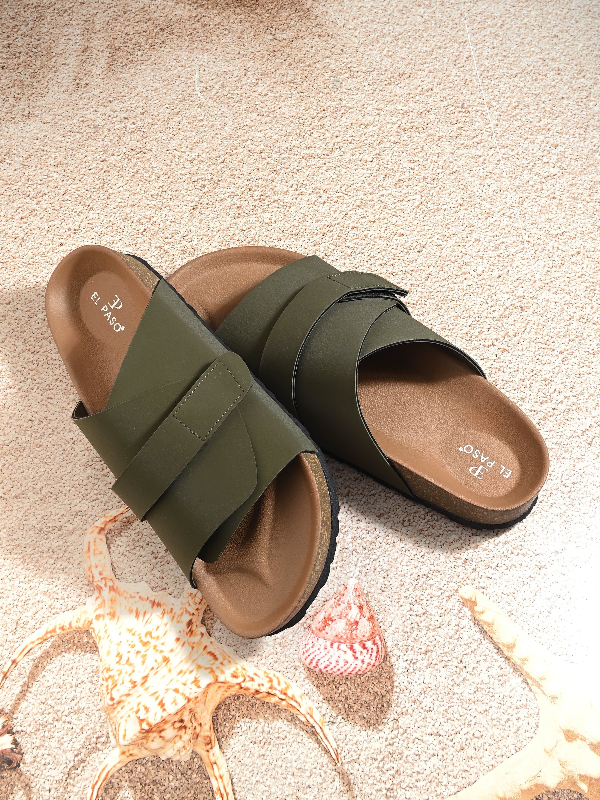 Olive Men's casual flat heel strap sandal with slip-on closure