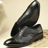 Men Textured Formal Oxford in black with a lace-up design, textured pattern, and smooth toe cap.