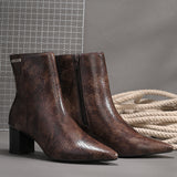 brown textured ankle boots with a sleek snakeskin pattern and a block heel design