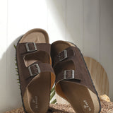 Brown Men's casual flat heel buckle strap sandal