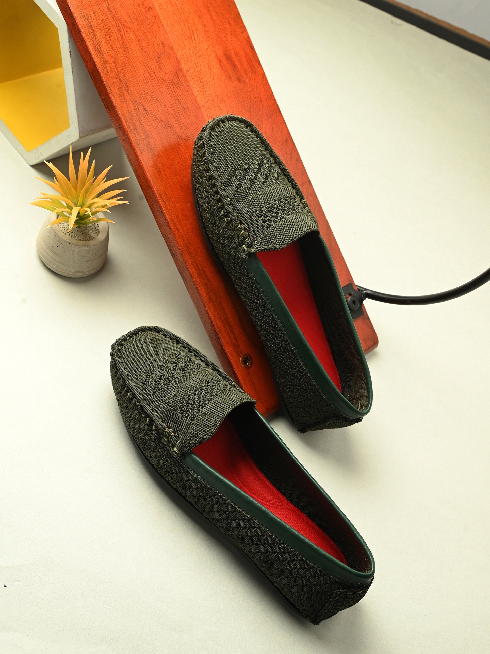 Stylish olive Leather Casual Slip On woven loafer with textured design