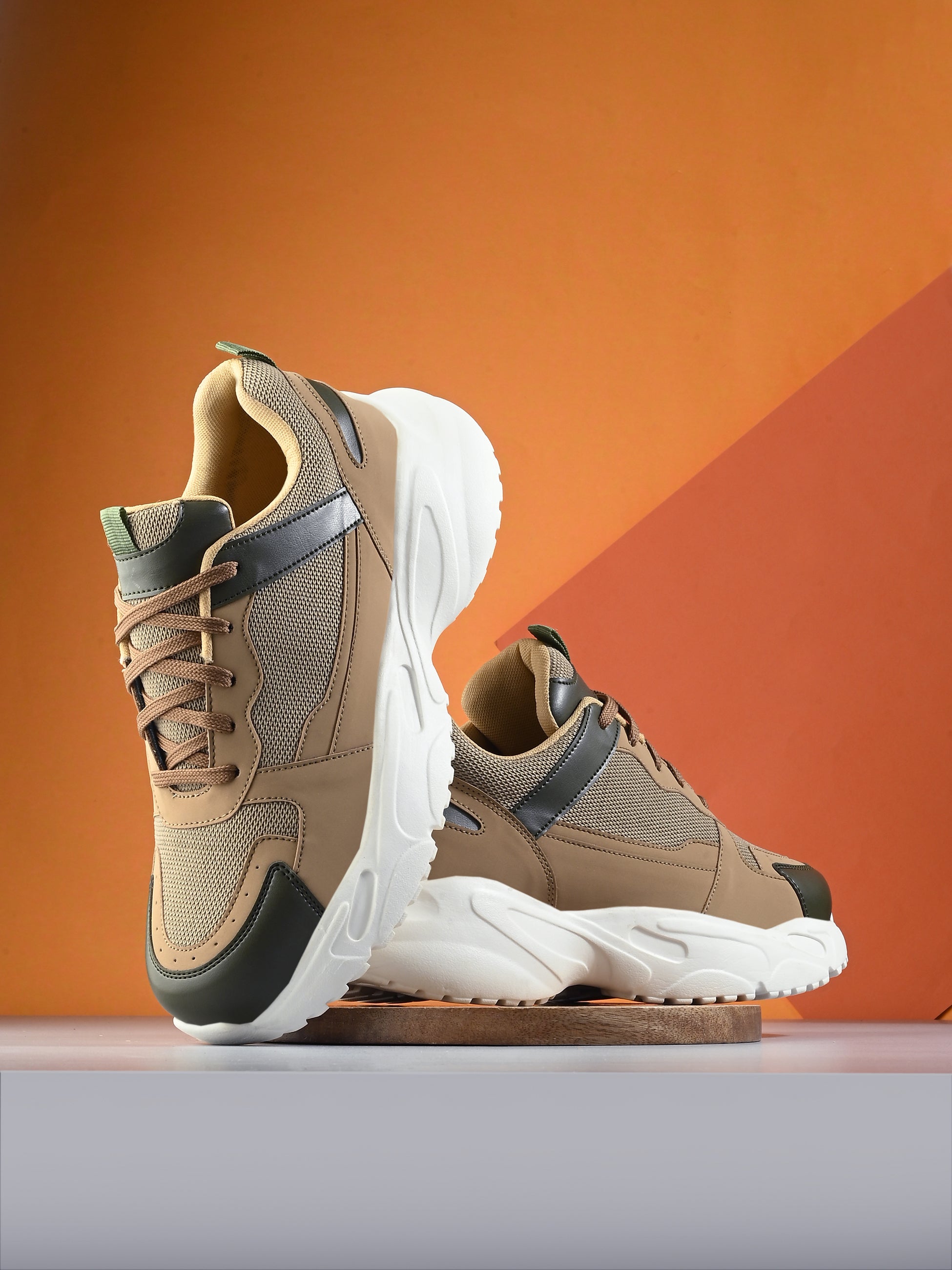 Men Beige Faux Leather Casual lace-up Sneakers