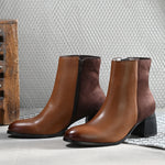 women brown zip ankle length boots with a smooth leather front, suede back, block heel, pointed toe