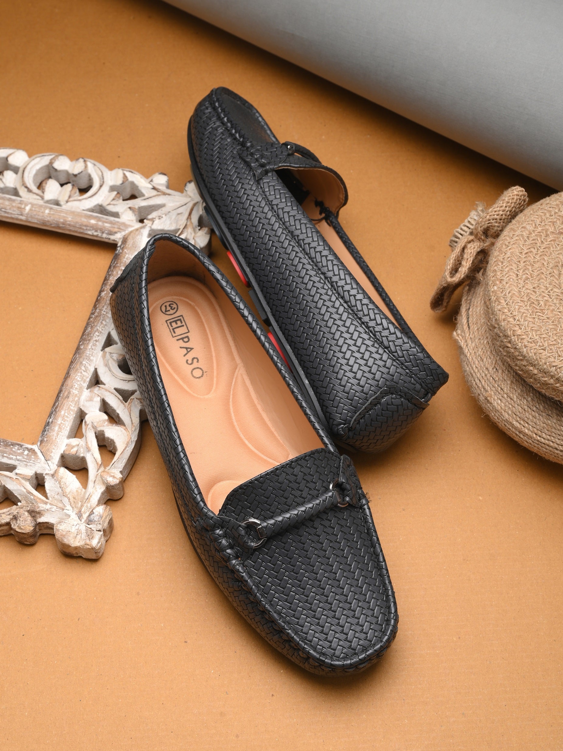 Black Textured Slip-On Loafers For Women