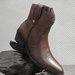 Women Brown Slip On cowboy-style ankle boot with decorative stitching