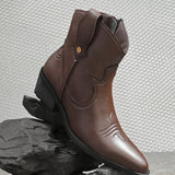 Women Brown Slip On cowboy-style ankle boot with decorative stitching