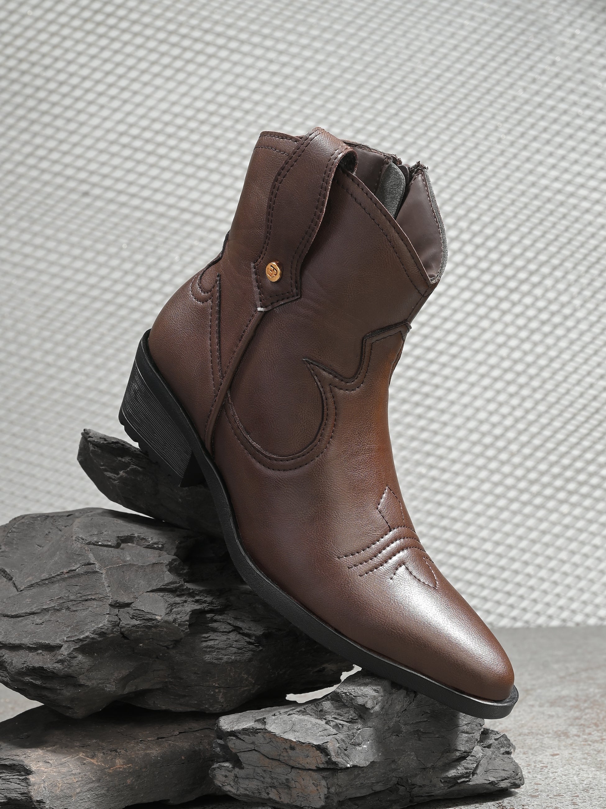 Women Brown Slip On cowboy-style ankle boot with decorative stitching