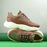 brown and grey mesh Men's casual sneakers with a chunky white sole, offering a stylish and comfortable look.