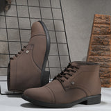 Brown leather lace-up boots with cap toe, sleek design, metal eyelets, and a small brand logo near the ankle.