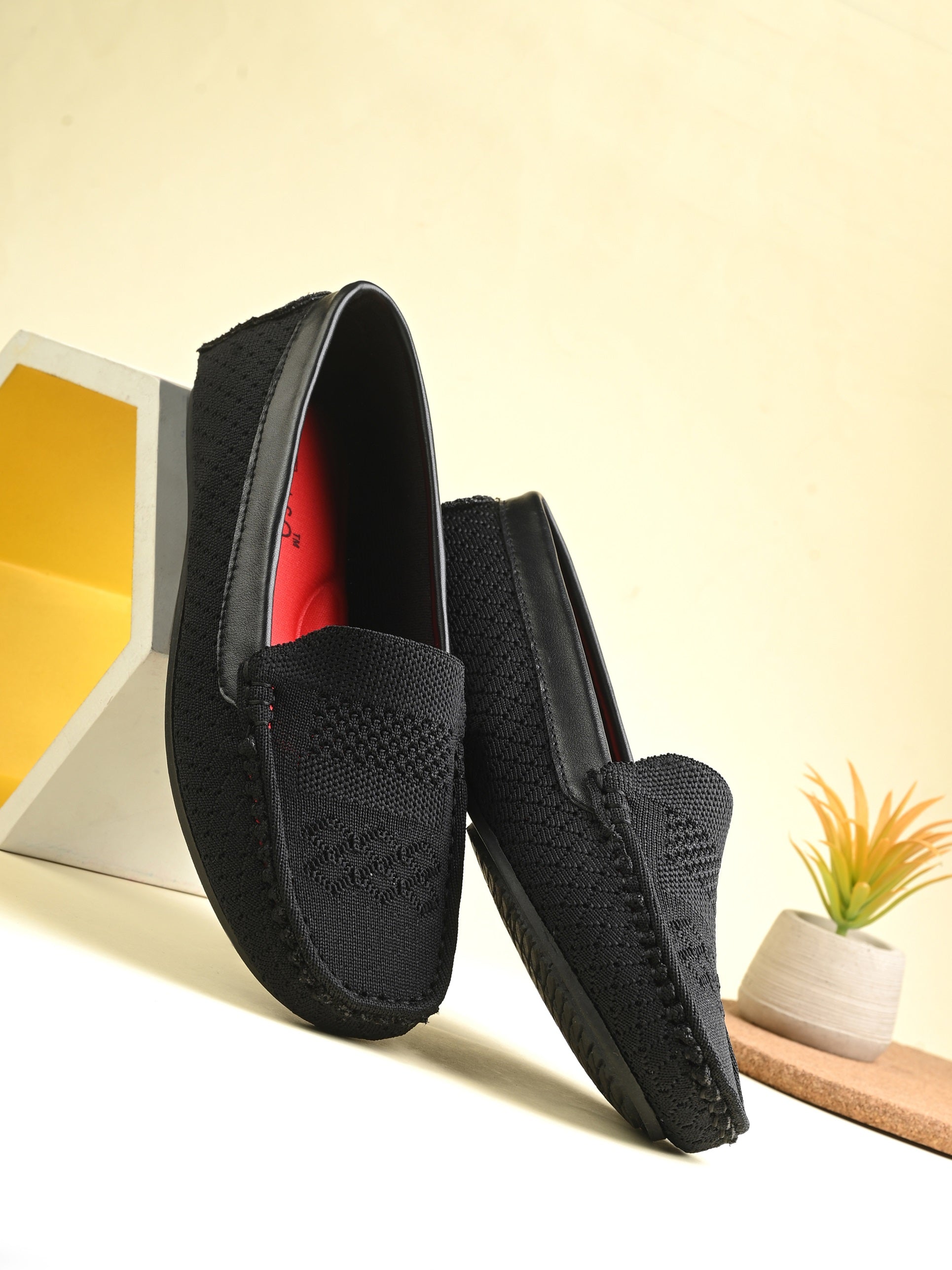 Stylish black Leather Casual Slip On woven loafer with textured design
