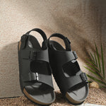 Black Men's casual flat heel buckle strap sandal with back strap closure