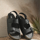 Black Men's casual flat heel buckle strap sandal with back strap closure