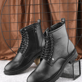A Men's Ankle Length Block Heel boots with a side zipper, pull-tab at the back, and a low block heel.