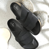 Black Men's casual flat heel strap sandal with slip-on closure