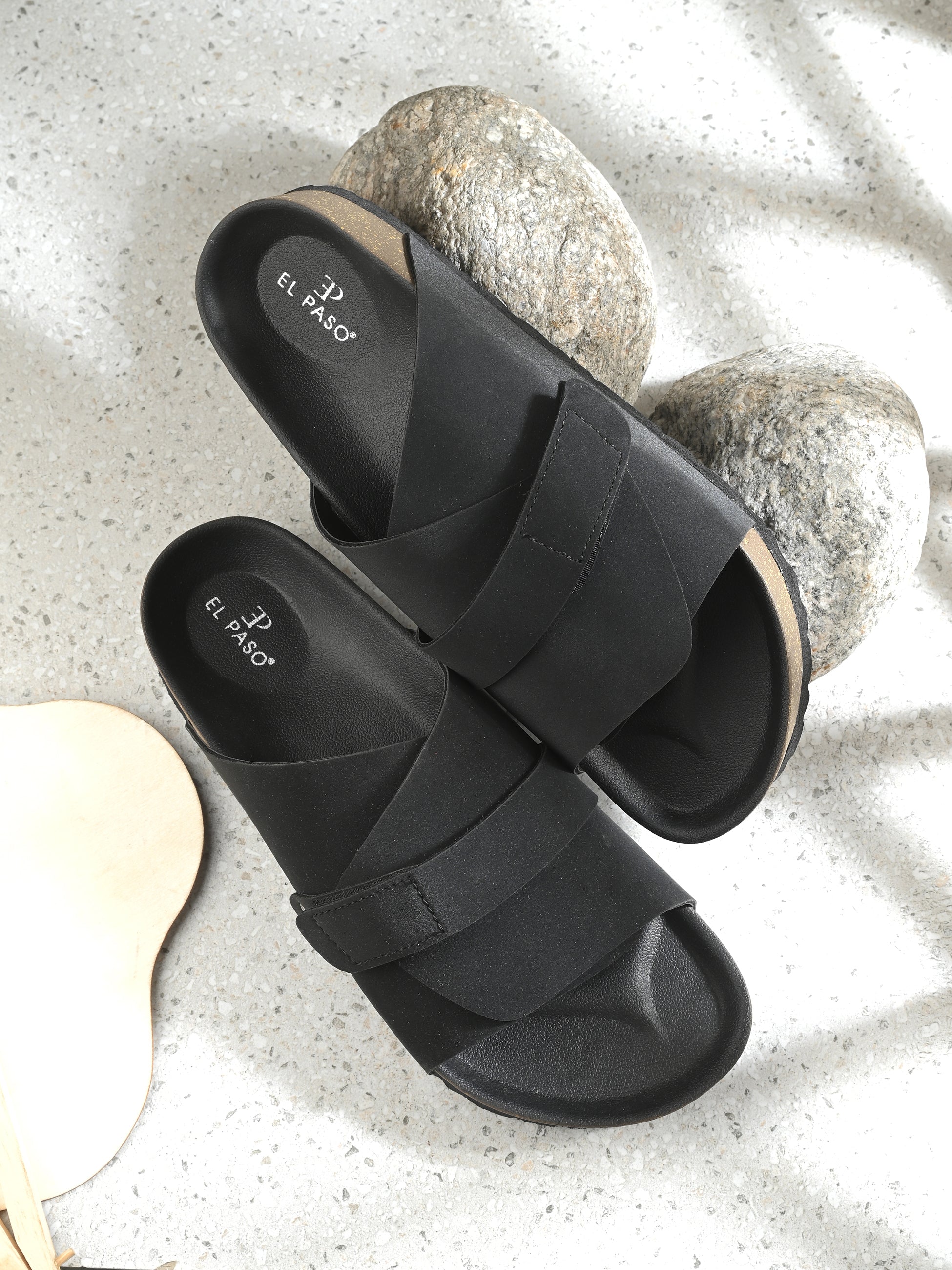 Black Men's casual flat heel strap sandal with slip-on closure