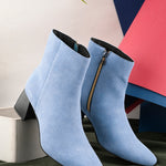 Suede Ankle Boots with a sleek design and block heel, paired with Blue Faux Leather Boots for Women.
