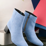 Suede Ankle Boots with a sleek design and block heel, paired with Blue Faux Leather Boots for Women.