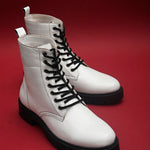 Shiny White Lace-Up Block Heel Boots