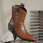 Women Tan Slip On cowboy-style ankle boot with decorative stitching