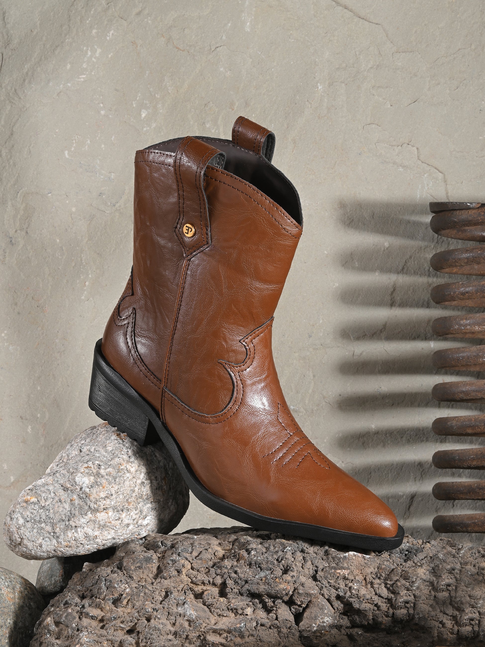 Women Tan Slip On cowboy-style ankle boot with decorative stitching