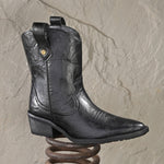 Women Black Slip On cowboy-style ankle boot with decorative stitching