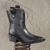 Women Black Slip On cowboy-style ankle boot with decorative stitching