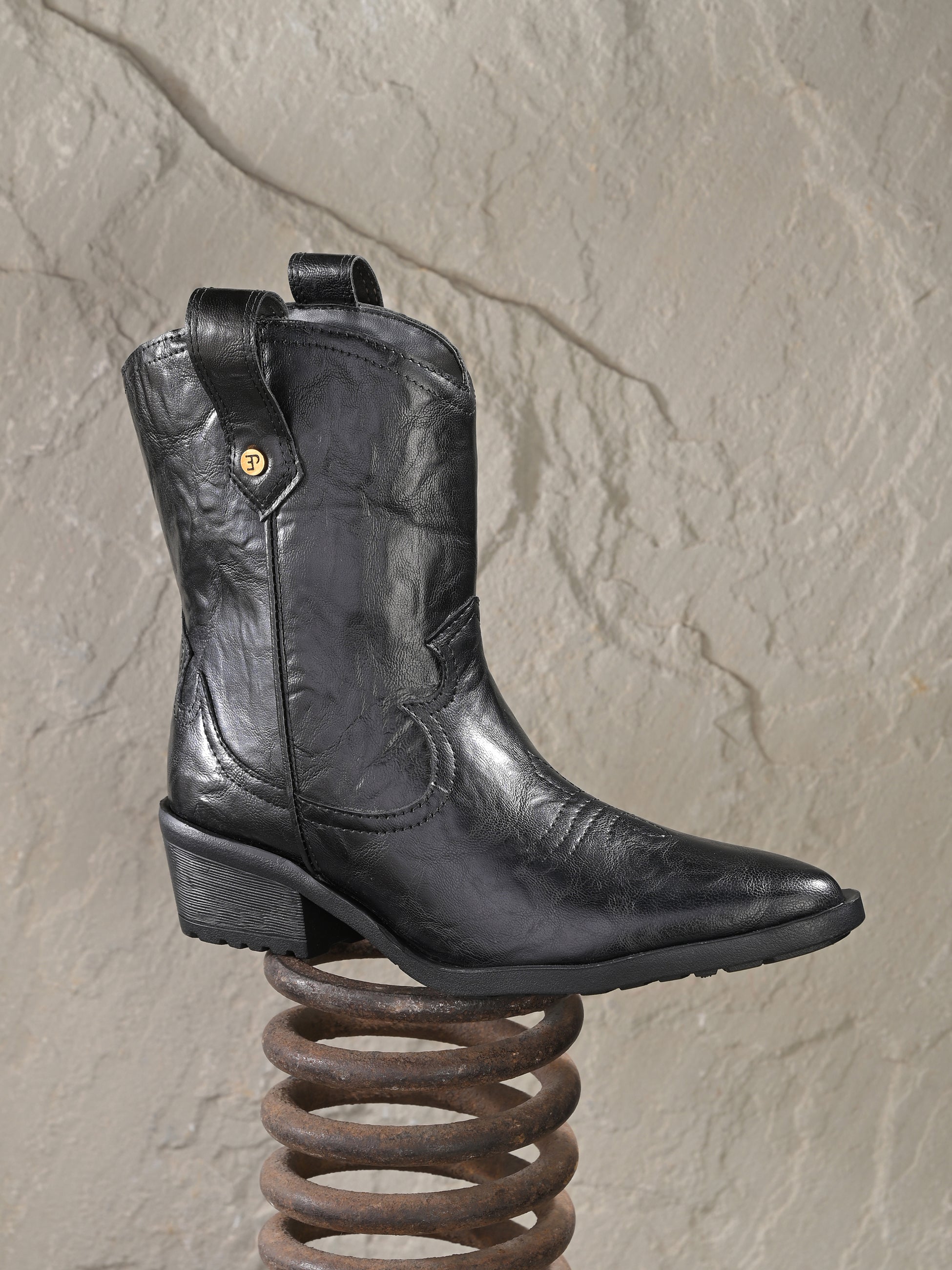 Women Black Slip On cowboy-style ankle boot with decorative stitching