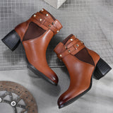 Women brown studded leather ankle boots with studded straps and a buckle design.