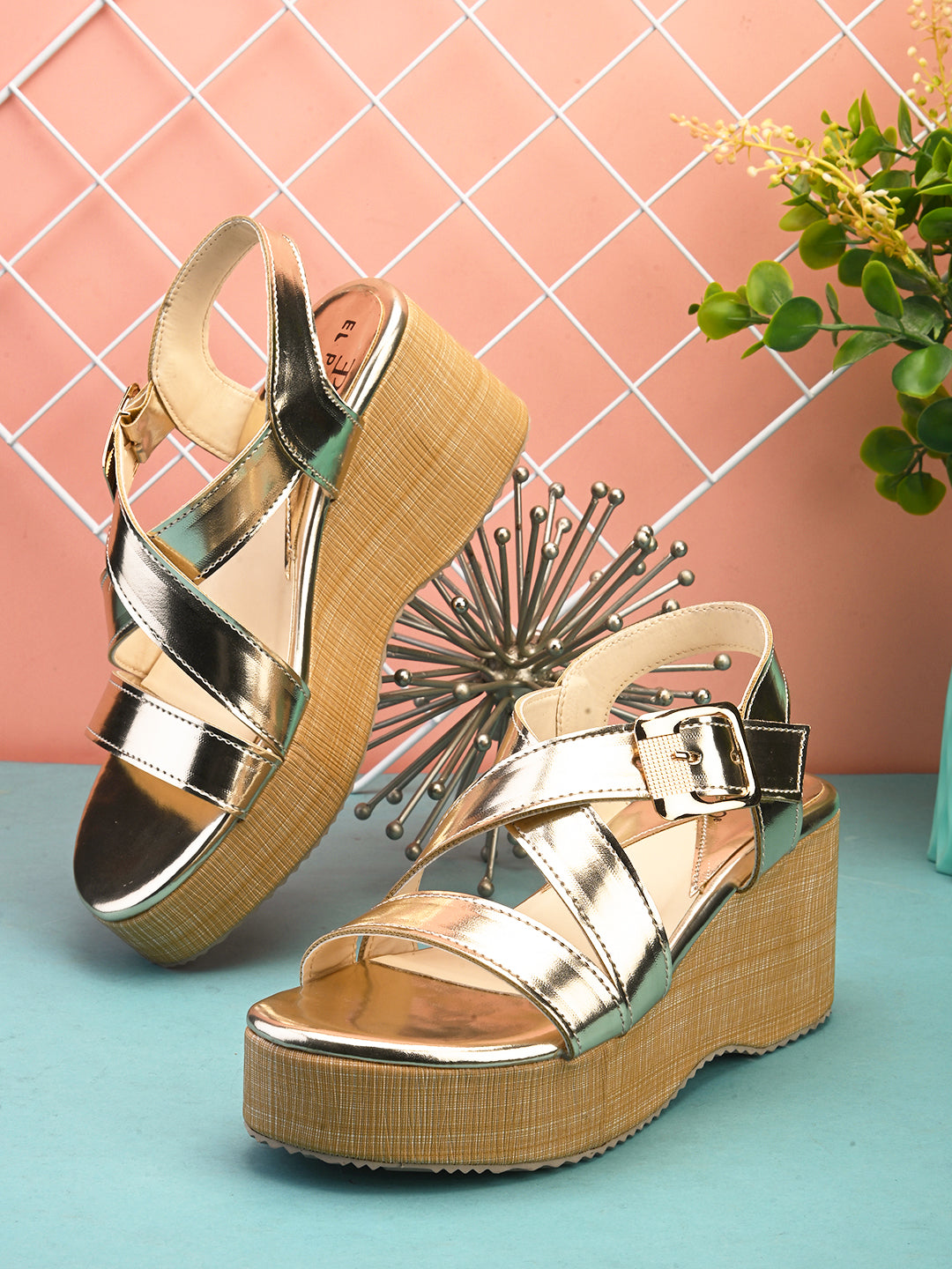 Criss-Cross Shiny Metallic Wedge Heels For Women