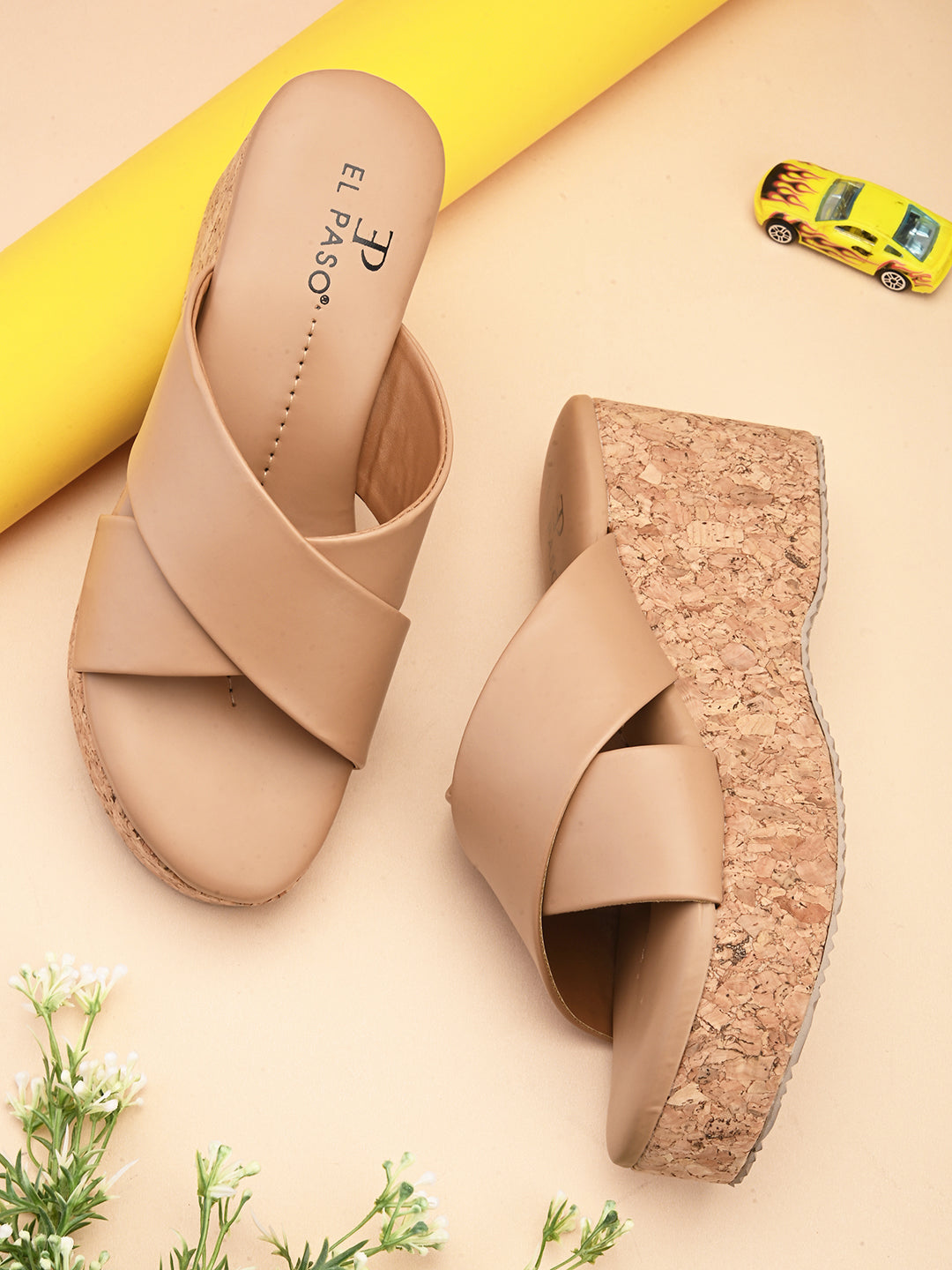 Peach Criss-Cross Wedge Platform Heels For Women