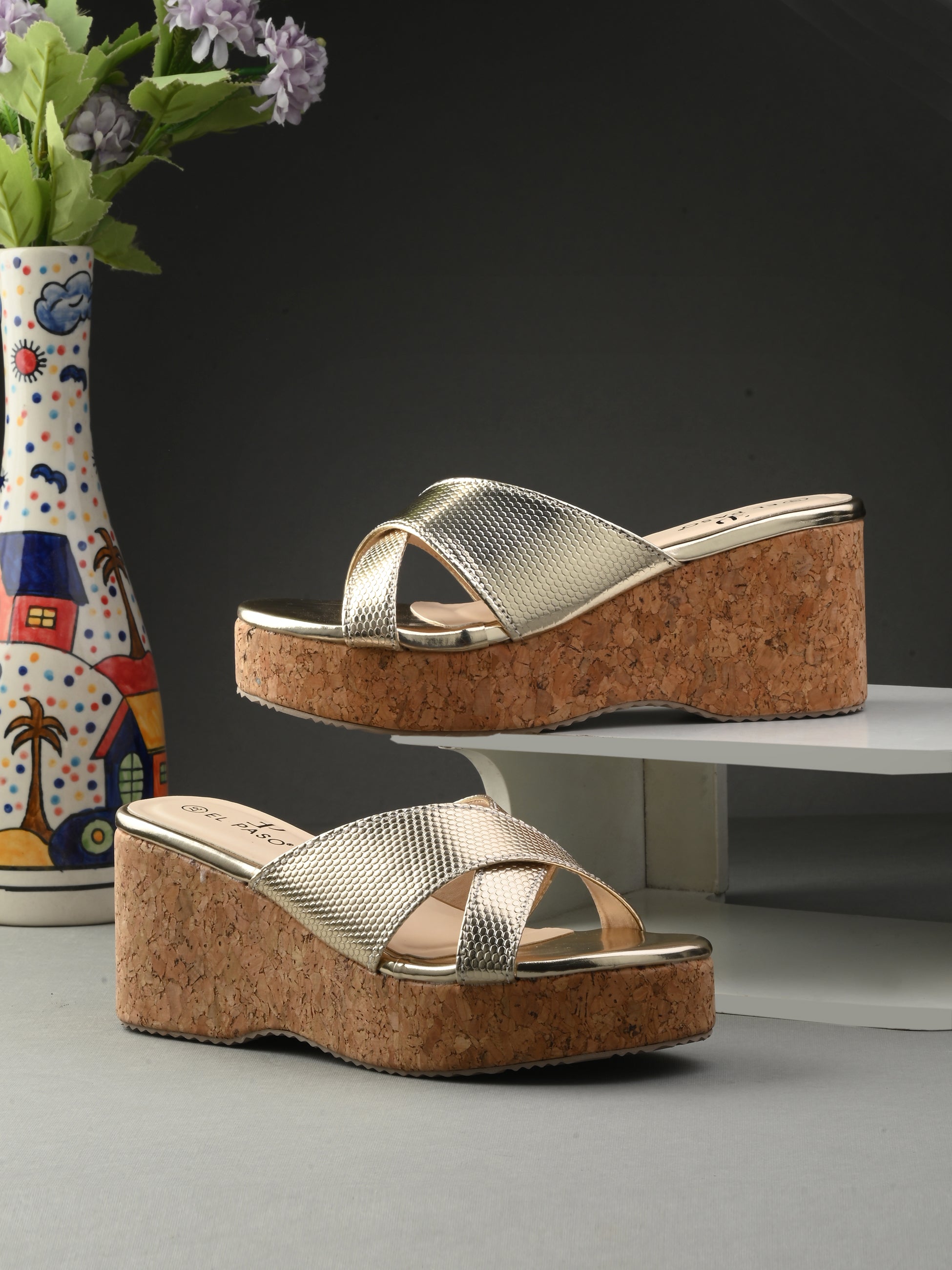Criss-Cross Metallic Wedge Heels For Women