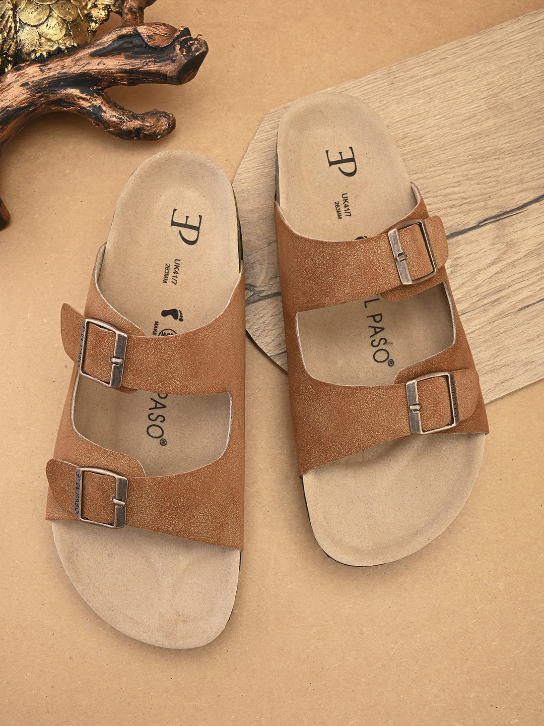 Tan Men's casual buckle strap flat Leather Slip-On Sandals