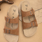 Tan Men's casual buckle strap flat Leather Slip-On Sandals