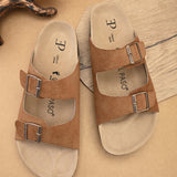 Tan Men's casual buckle strap flat Leather Slip-On Sandals