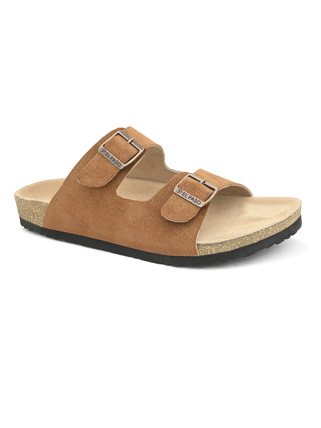 Tan Men's casual buckle strap flat heel slip-on closure sandal