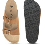 Tan Men's casual buckle strap flat Leather Slip-On Sandals