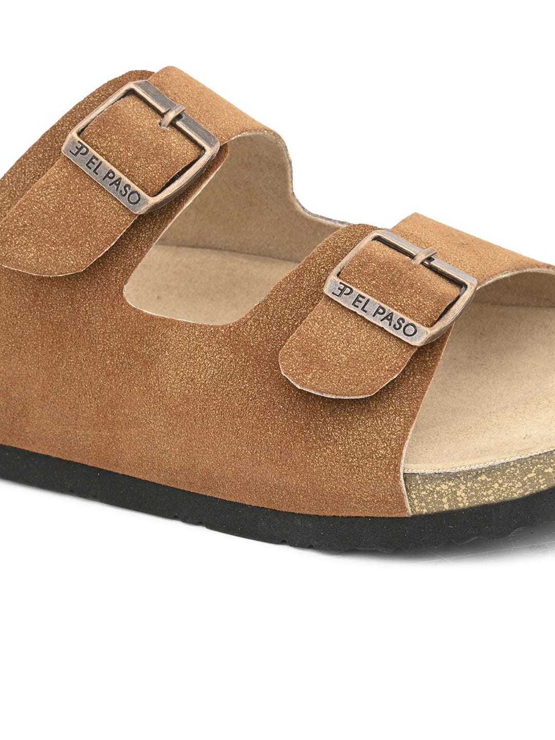 Tan Men's casual buckle strap flat heel leather slip-on closure sandal