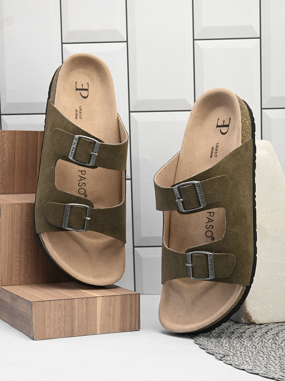 Olive Men's casual buckle strap flat Leather Slip-On Sandals