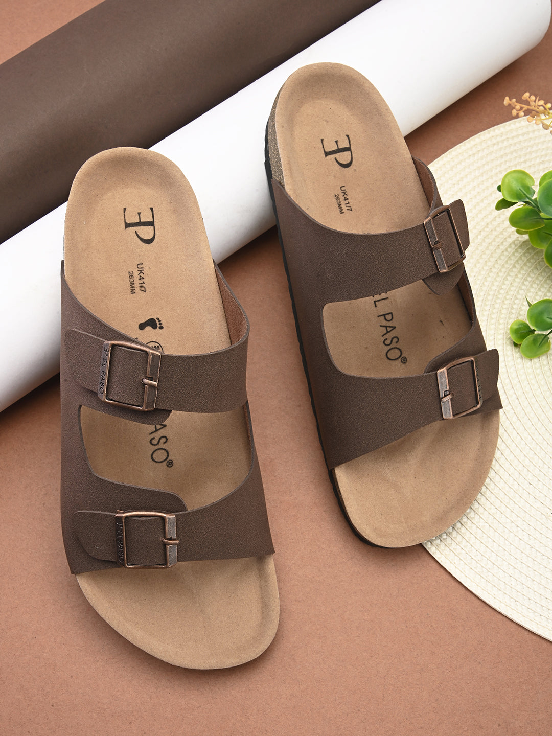 Brown Men's casual buckle strap flat Leather Slip-On Sandals