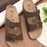Brown Men's casual buckle strap flat Leather Slip-On Sandals