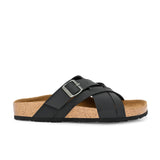 Black Women's casual flat heel metallic cris cross slip-on sandal
