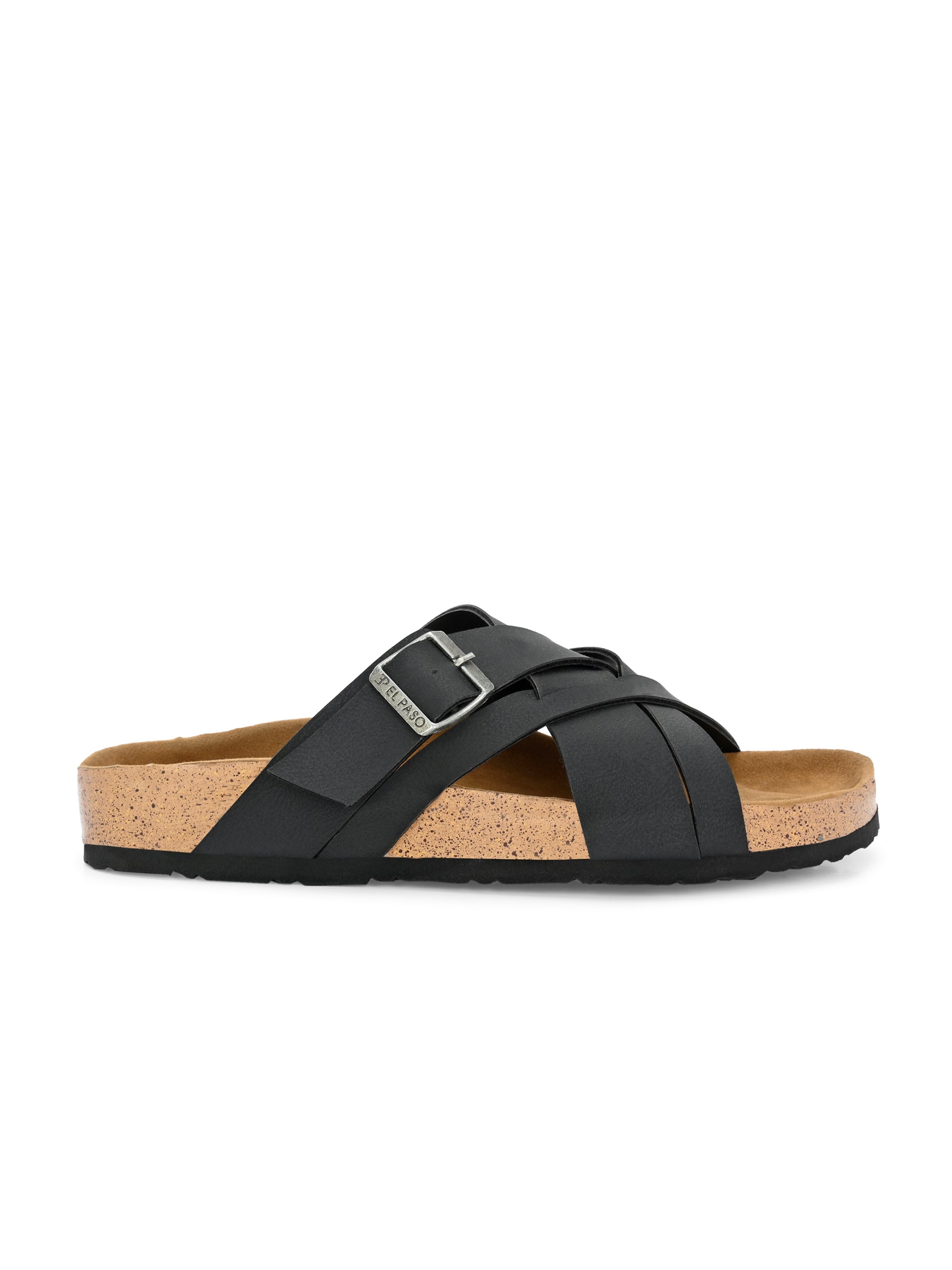 Black Women's casual flat heel metallic cris cross slip-on sandal