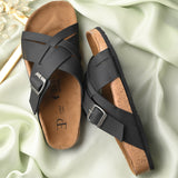 Black Women's casual flat heel metallic cris cross slip-on sandal