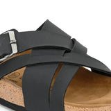 Black Women's casual flat heel metallic cris cross slip-on sandal
