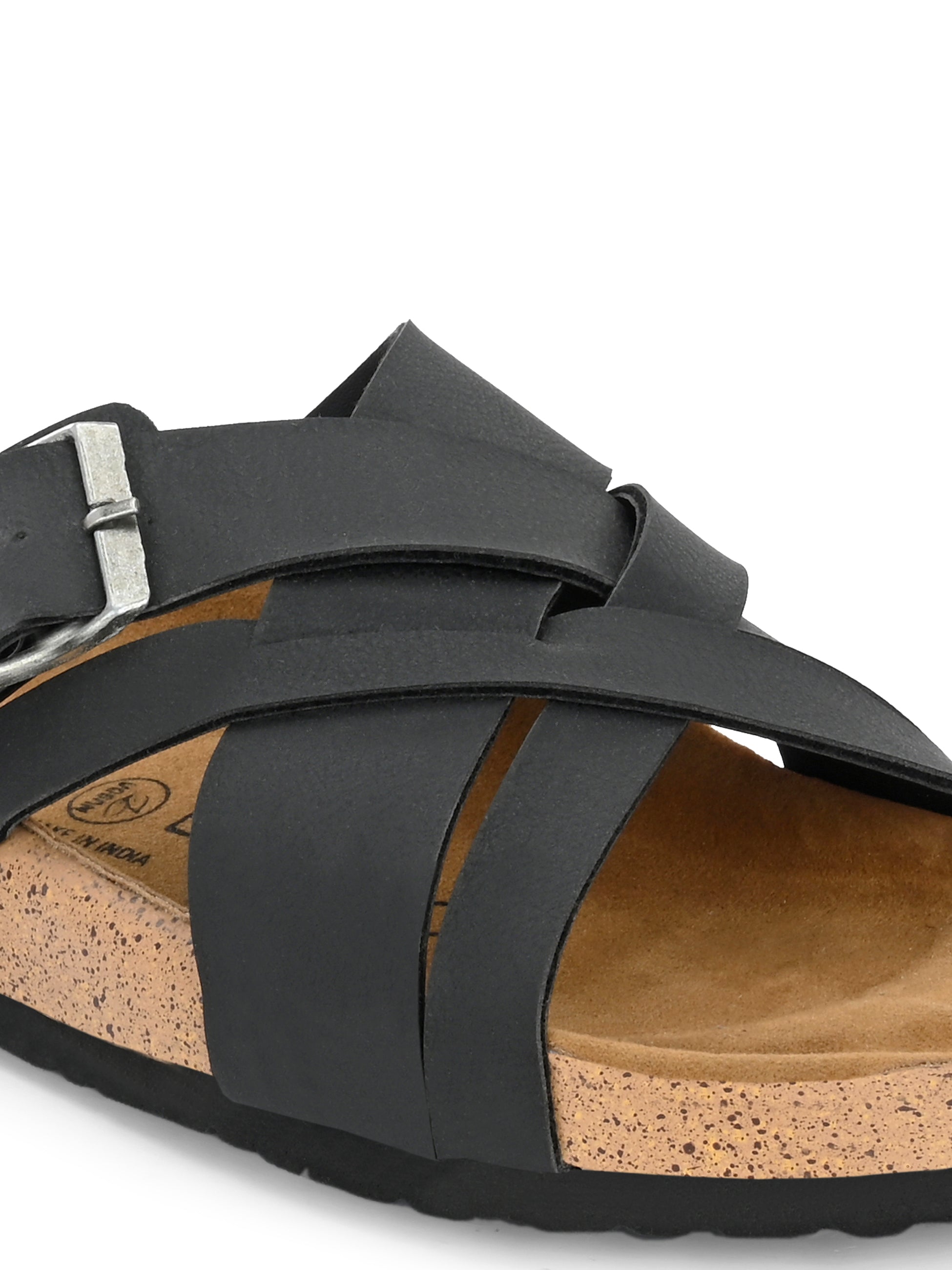 Black Women's casual flat heel metallic cris cross slip-on sandal