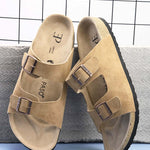 Beige Men's casual buckle strap flat Leather Slip-On Sandals